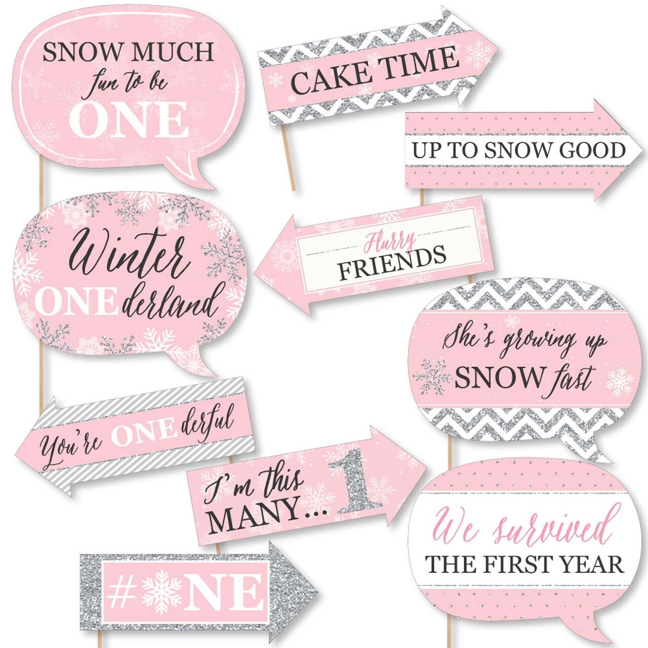 Big Dot of Happiness Funny Pink Onederland - Holiday Snowflake Winter Wonderland Birthday Party Photo Booth Props Kit - 10 Piece
